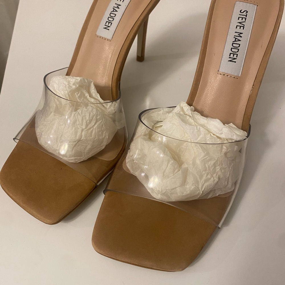 Steve Madden Tan High Heeled Mules with Transparent Upper Brand new